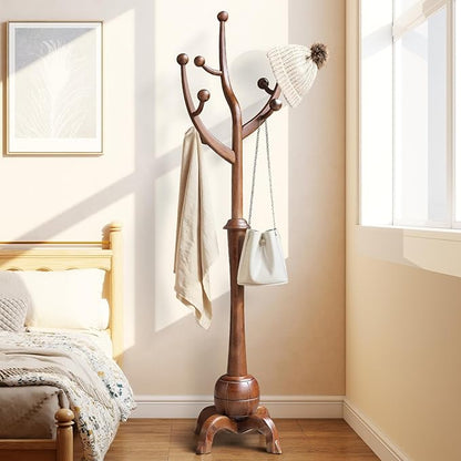 Wooden Coat Rack Freestanding with 8 Hooks, Heavy Duty Coat Hanger Stand with Stable Base, Vintage Coat Tree Standing Coat Racks for Entryway, Hallway, Bedroom (Walnut)