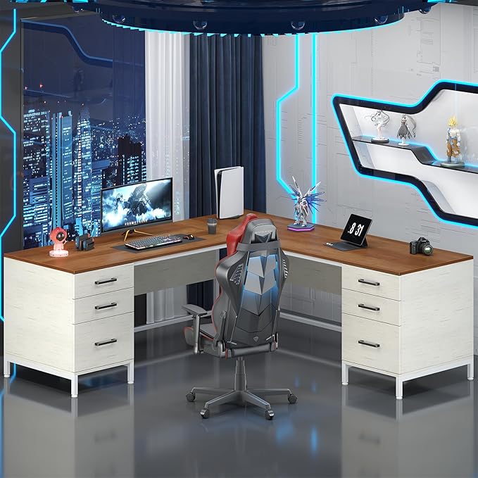 TVU 59’‘ L Shaped Desk with 6 Wood Drawers, Large Home Office Corner Computer Desk with Storage File Cabinet, Modern Metal Wood Desk for Executive Writing Study Workstation