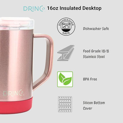 Drinco 16 oz Coffee Mug, Vacuum Insulated Camping Mug with Lid, Double Wall Stainless Steel Travel Mug Insulated Tumblers Coffee Mugs Coffee Cups Tea Cup (16oz Bling Rose Gold)