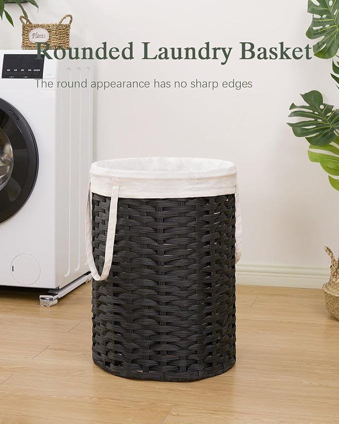 SETVSON Laundry Hamper Laundry Basket Round 19.0 Gal (72 L) Handwoven Rattan Hamper, Large Wicker Laundry Hamper with Removable Laundry Bag Handles 2 Mesh Bags for Bathroom Living Room Black (No Lid)