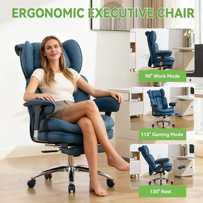 Efomao Big & Tall Executive Office Chair with Footrest - 400lbs Heavy Duty High Back PU Leather Desk Chair, Modern Ergonomic Reclining Computer Chair, Blue