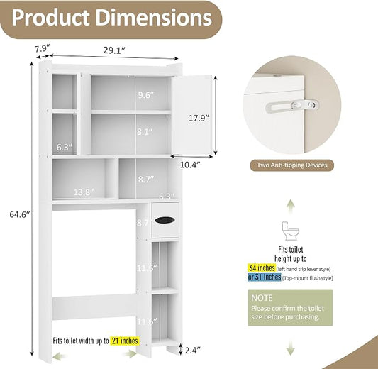 Over the Toilet Storage Cabinet, Freestanding Storage Cabinet Over Toilet, Bathroom Storages Organizer Cabinets with Toilet Paper Holder Stand and Adjustable Shelf, White