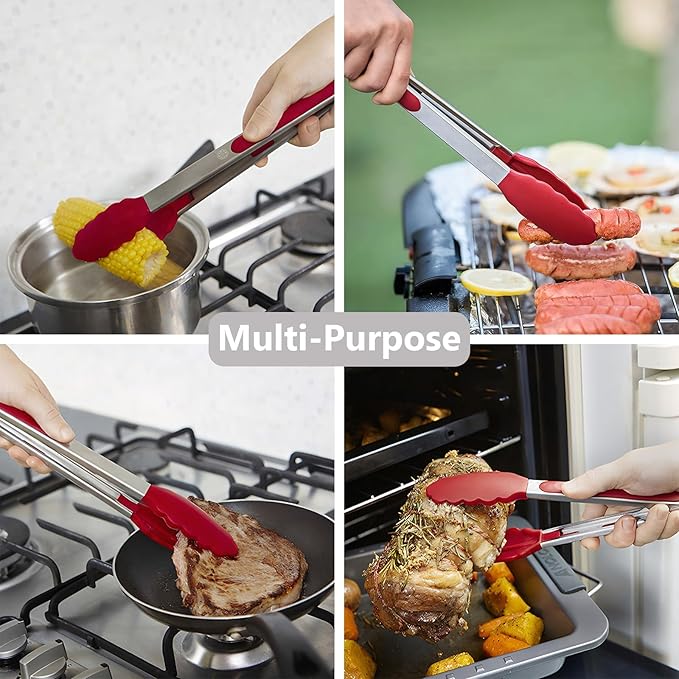 IOCBYHZ Kitchen Silicone Tongs for Cooking with Non-Slip Silicone Tips, 600°F Heat Resistant Cooking Food Tong Set Heavy Duty Stainless Steel Handle for Baking Grilling BBQ Serving, 2 Pack (9" & 12")