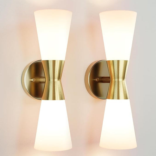 Wall Sconces Set of 2 for Bathroom, Modern Indoor Vanity Light Fixtures 15", Up Down Lighting, Wall Mount Lamp for Living Room Bedroom Hallway Stairway Fireplace Mirror E26 Base 2PC White&Gold