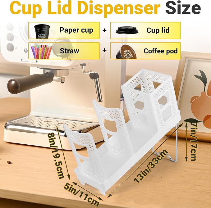 Cup and Lid Holder, Disposable Paper Cup Dispenser with Coffee Pod Straw Storage Basket, Countertop Coffee Cup Holder for Coffee Stations, Bars, Break Rooms, Living Rooms, Parties (White)