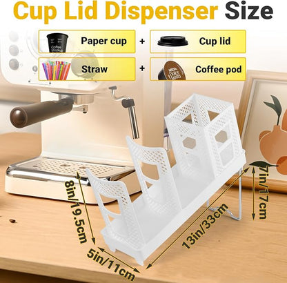 Cup and Lid Holder, Disposable Paper Cup Dispenser with Coffee Pod Straw Storage Basket, Countertop Coffee Cup Holder for Coffee Stations, Bars, Break Rooms, Living Rooms, Parties (White)