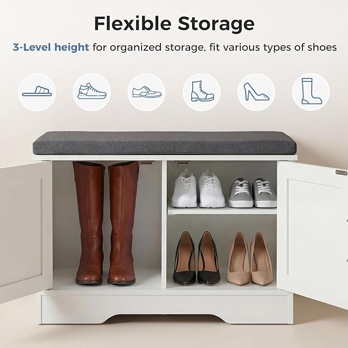 DUMOS Shoe Storage Bench, 28" Wide Shoe Organizer Cabinet with Padded Seat Cushion, 2 Doors, Adjustable Shelf for Entryway, Hallway, Bedroom, Living Room, White