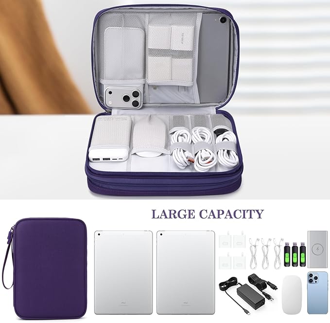 FYY Electronic Organizer, Extra Large Travel Cable Organizer Bag Pouch Portable Waterproof Double Layers All-in-One Storage Bag for iPad, Cable, Power Bank, Laptop Charger for Office/Home, Purple