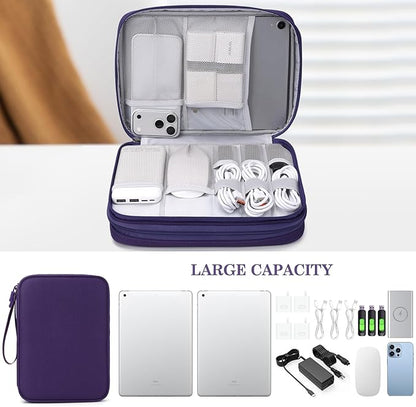 FYY Electronic Organizer, Extra Large Travel Cable Organizer Bag Pouch Portable Waterproof Double Layers All-in-One Storage Bag for iPad, Cable, Power Bank, Laptop Charger for Office/Home, Purple