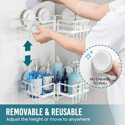 TAILI Corner-adaptive Suction Cup Shower Caddy 2 Pack, Stainless Steel Rustproof Corner Shower Shelves, Drill-Free Wall Mounted Baskets, Large Capacity Removable Suction Cup Bathroom Organizer, White