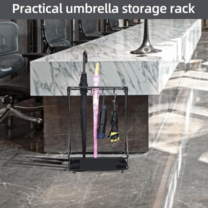 15 Slot Umbrella Stand with 8 Hooks – Heavy Duty Metal Indoor Umbrella Rack Holder with Removable Drip Tray – Large Commercial Entryway Organizer for Office, Lobby or Home