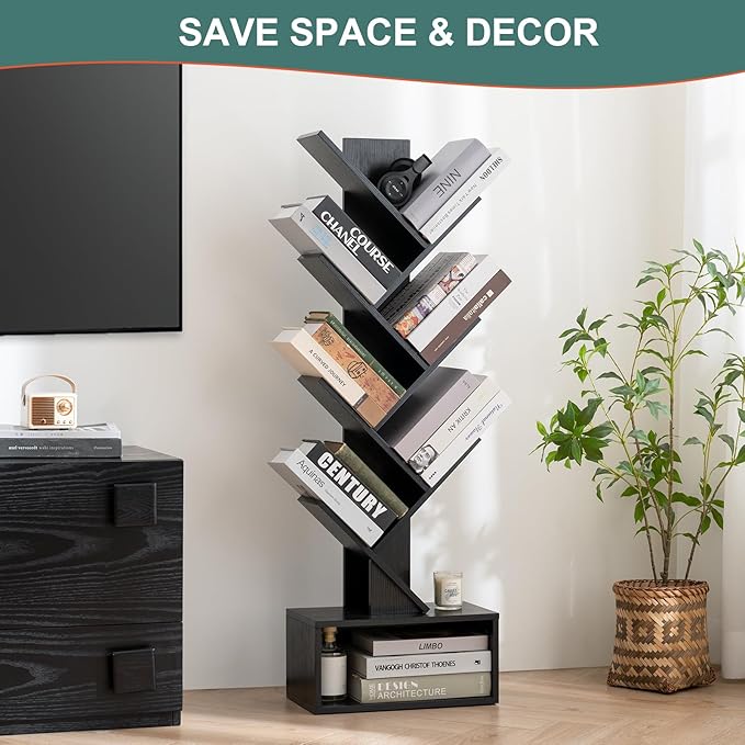 Yoobure Tree Bookshelf, 6 Tier Small Book Shelf Retro Floor Standing Bookcase, Wood Book Storage Organizer Rack, Tall Narrow Bookshelves for Corner/Bedroom/Living Room/Home Office, Black