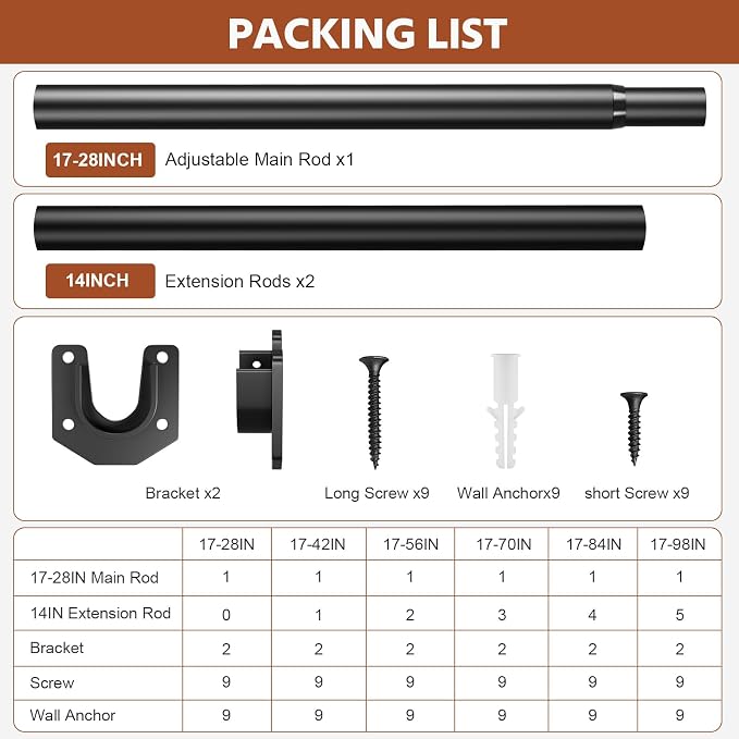Closet Rods for Hanging Clothes, 17-56 Inch Stepless Adjustable Closet Rod, 1.3 Inch Heavy Duty Metal Clothes Hanging Rod, Expandable Closet Bar Hanger Rod Black for Closet Wardrobes Laundry RV