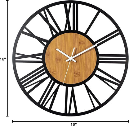 1st owned Wall Clocks for Living Room Decor,16" Vintage,Round Silent Non Ticking,Black Metal,Modern Wood Clocks for Home Bedroom,Kitchen,Garden,Office,Cafe,Modern Wall Decoration -Roman Numerals