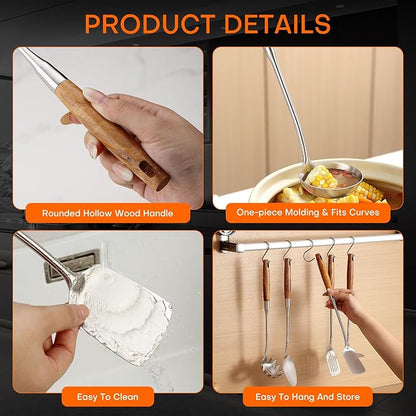6 Pcs Cooking Utensils Set 304 Stainlss Steel Kitchen Utensils Set Heat Resistant Wooden Handle Kitchen Tools Metal Kitchen Utensil Soup Ladle Set, Dishwasher Safe