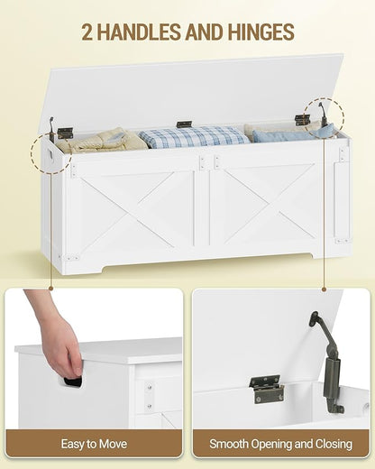 47.2" Storage Chest, Large Storage Trunk with 2 Hinges, Farmhouse Wooden Box Bench, Lift-Top Organizer Chest, Entryway Trunk for Bedroom, Living Room, White SB12103X