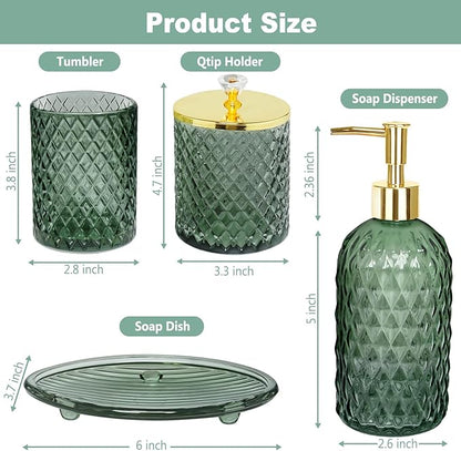 Bathroom Accessories Set, 4Pcs Sage Green Glass Bathroom Accessory Set Complete w/Lotion Soap Dispenser, Toothbrush Holder, Qtip Holder, Soap Dish, Gold Bathroom Decor Sets, Gift for Home Apartment
