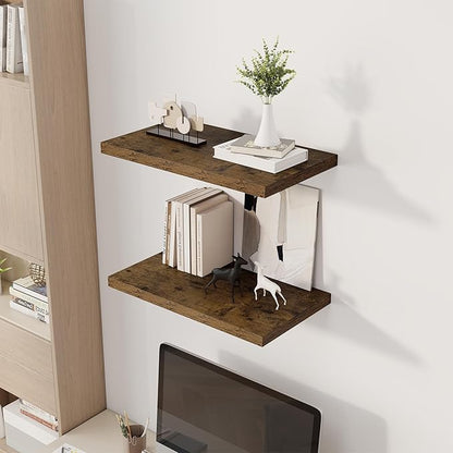 Dreamland 24" Floating Shelves for Wall, 12" Deep Slim Rustic Brown Floating Shelves, Wall-Mounted Shelves for Bedroom, Living Room, Kitchen, Bathroom - Set of 2