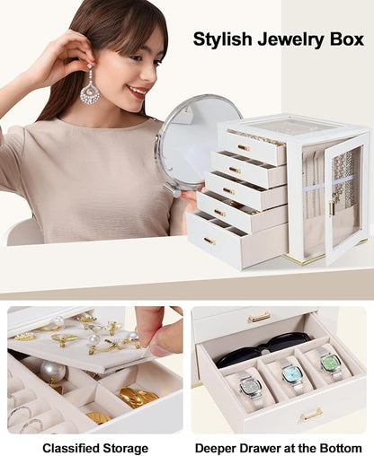 GUOER Jewelry Box 5 Layer for Women, Glass Lid Jewelry Organizer with 5 Drawers for Necklaces Rings Earrings Bracelets, Functional PU Leather Jewelry Storage Case Holder (White)