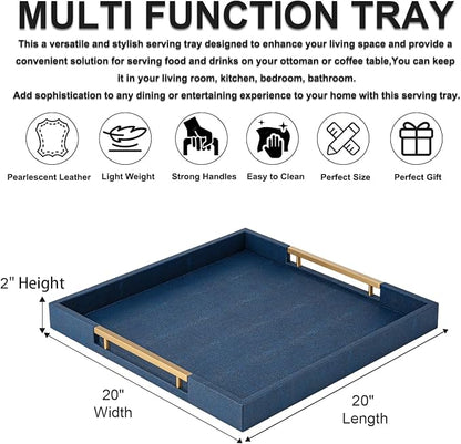 Navy Blue Faux Leather Large Square Decorative Serving Tray with Handles – for Coffee Table, Ottoman, Living Room, Bathroom & Home Decor