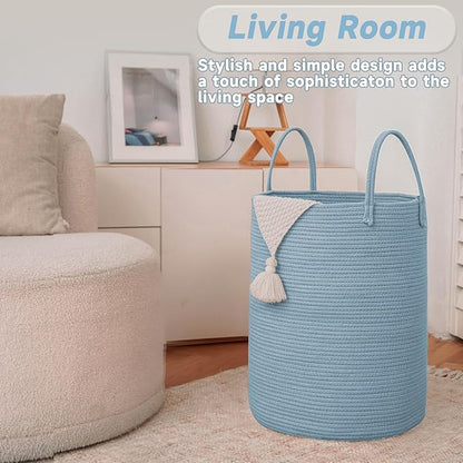 JMvicyroam Large Woven Laundry Basket Hamper,60L Cotton Rope Storage Bin for Blankets,Toys and Clothes,Decorative Tall Nursery Hamper for Living Room,Baby Nursery,Bathroom and Bedroom,Blue