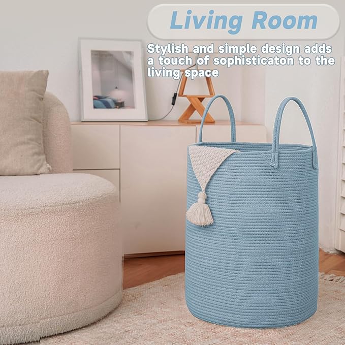 JMvicyroam Large Woven Laundry Basket Hamper,100L Cotton Rope Storage Bin for Blankets,Toys and Clothes,Decorative Tall Nursery Hamper for Living Room,Baby Nursery,Bathroom and Bedroom,Blue