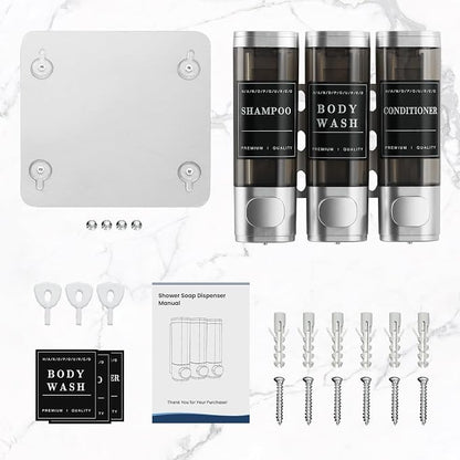 Shampoo and Conditioner Dispenser,Shower Dispenser 3 Chamber No Drill Wall-Mounted Shampoo Dispenser for Shower Wall Mounted Shower Soap Dispenser for Bathroom Hotel Large Capacity,Light Silver
