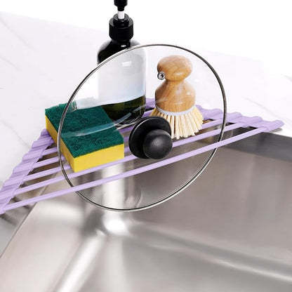 Tomorotec Compact Silicone-Coated Triangle Dish Drying Rack for Sink Corner - Foldable Stainless Steel Over-The-Sink Organizer and Storage Shelf (Light Purple)