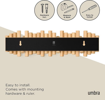 Umbra Picket Coat Rack with 8 Hooks – Natural Wall-Mounted Coat Rack with Flip-Down Wooden Hooks, Real Pine Wood Decorative Wall Storage for Jackets, Hats, Scarves, Bags, Entryway, Bedroom Living Room