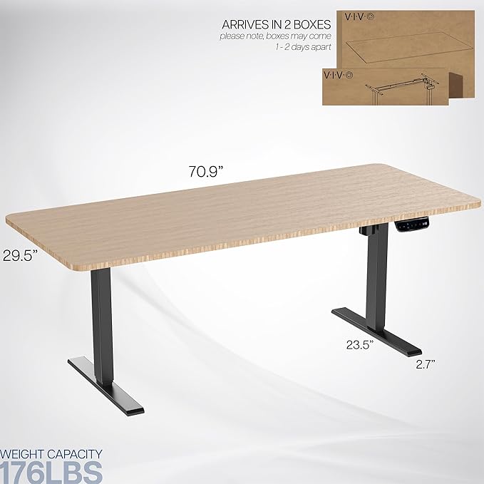 VIVO Electric 71 x 30 in Real Bamboo Standing Desk, Touch Screen Adjustment, 220 lb Frame Support, 2E Series, Black Frame, DESK-KIT-2E71O