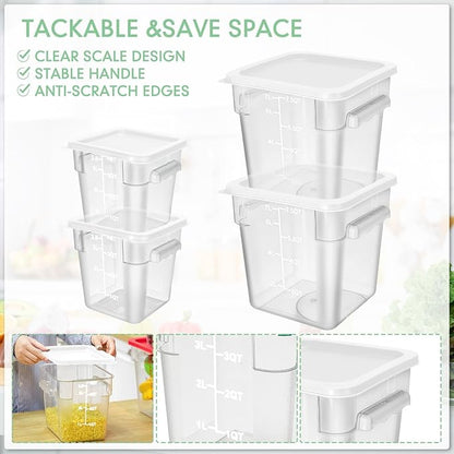 Lallisa 4 Pcs 8 Qt and 4 Qt Clear Food Storage Containers with Lids, Handles and Scales, Commercial Grade Square Containers Polycarbonate Air Tight for Home Storage Kitchen Restaurant(White)