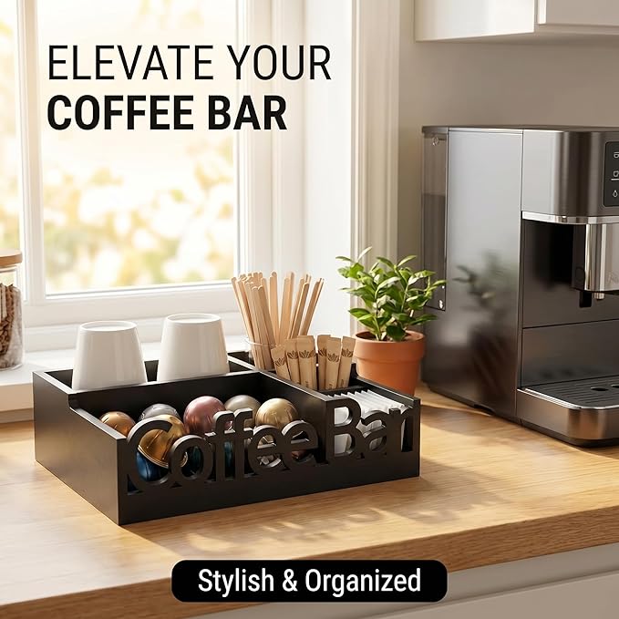 Coffee Bar Organizer for Countertop – Wooden Coffee Caddy with Compartments for Pods, Sugar Packets, and Accessories – Coffee Condiment Station Storage for Home and Office (Black)