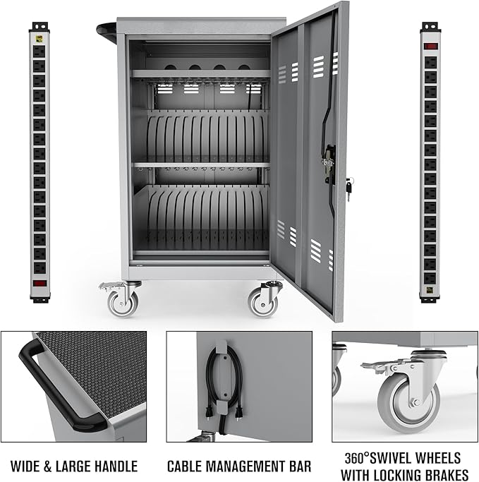 pouseayar 30 Device Mobile iPad Laptop Charging Cart for iPad Laptop Computers Chromebook Fast Charging & Secure Storage (16.3in Screen Size), Ideal for School, Library, Hospital - Grey