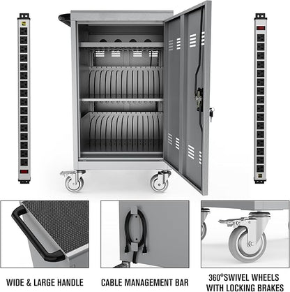 pouseayar 30 Device Mobile iPad Laptop Charging Cart for iPad Laptop Computers Chromebook Fast Charging & Secure Storage (16.3in Screen Size), Ideal for School, Library, Hospital - Grey