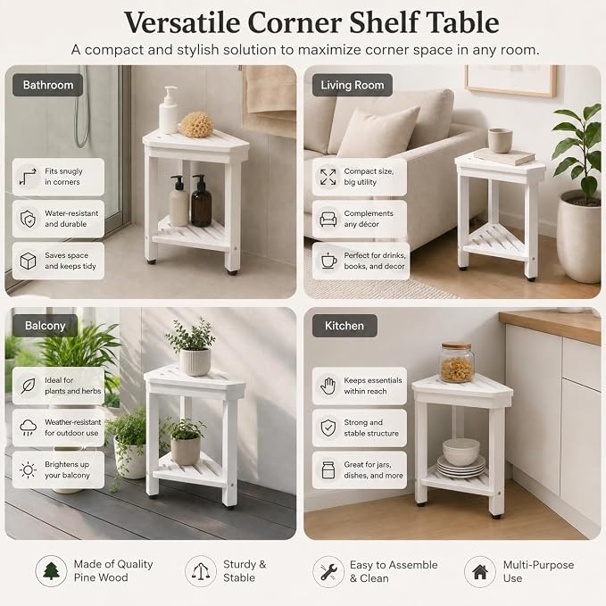 Shower Foot Rest 15 in, Acacia Shower Stool for Shaving Legs,Corner Bath Shower Bench with Starage Shelf for Inside Small Shower Spaces - White