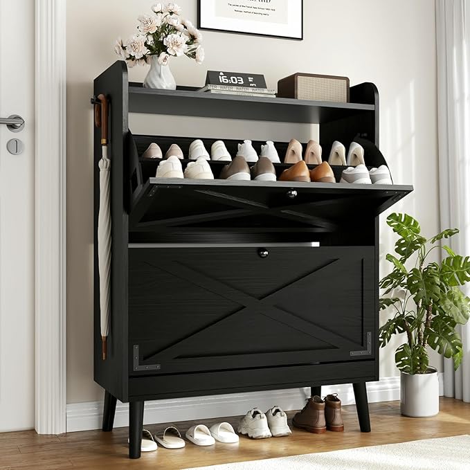 Shoe Storage Cabinet with 2 Flip Drawers & Adjustable Shelves,Freestanding Shoe Cabinet Storage with Side Hooks Narrow Shoe Rack Cabinet for Entryway,Hallway,Rustic Black