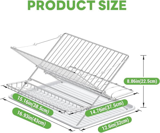 Stainless Steel Foldable Dish Drying Rack, 3 Tier Large Capacity Collapsible Folding Dish Drainer with Drainboard for Kitchen Counter (Upgraded)
