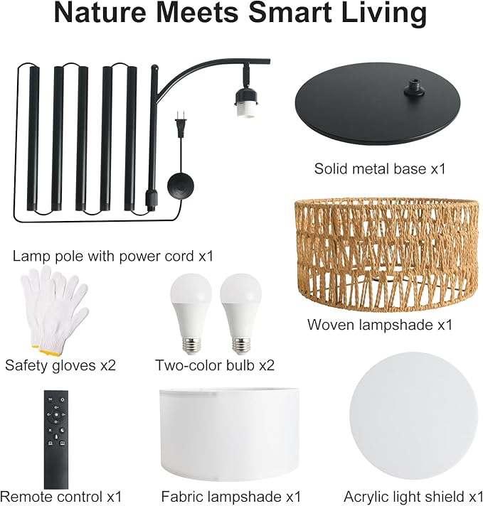 Bohemian Rattan Floor Lamp for Living Room - Black Arc Design, 12W LED (1 in use + 1 Spare), Remote & Dimmable 3 - Color Temp, Tall Standing Lamp
