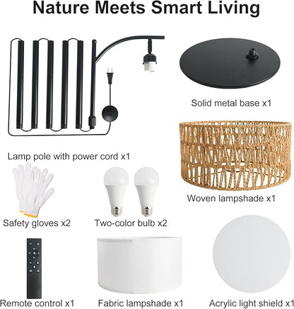 Bohemian Rattan Floor Lamp for Living Room - Black Arc Design, 12W LED (1 in use + 1 Spare), Remote & Dimmable 3 - Color Temp, Tall Standing Lamp