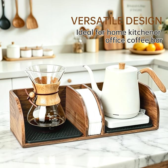 MAVOTER Acacia Coffee Bar Station Organizer Stand for Pour Over Maker, Coffee Filter Holder for Countertop ,Wooden Caddy Storage Organizers with Heatproof Mat(17.8*7*5.1 inch)