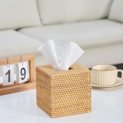 Hand-Woven Rattan Tissue Box Cover, Square Wicker Tissue Holder, Natural Woven Facial Napkin Holder