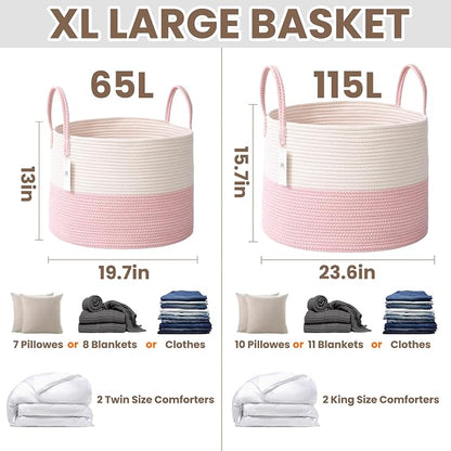 JMvicyroam 115L Extra Large Blanket Basket for Living Room - Woven Cotton Rope Laundry Hamper with Reinforced Handles - Storage Bin for Pillows, Comforters & Toys - Machine Washable,White&Pink