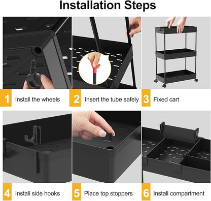 SPACELEAD 4 Tier Rolling Cart with Wheels, Storage Craft Art Trolley Organizer Serving, 3 Hanging Baskets Easy Assembly, for Office, Living Room, Kitchen