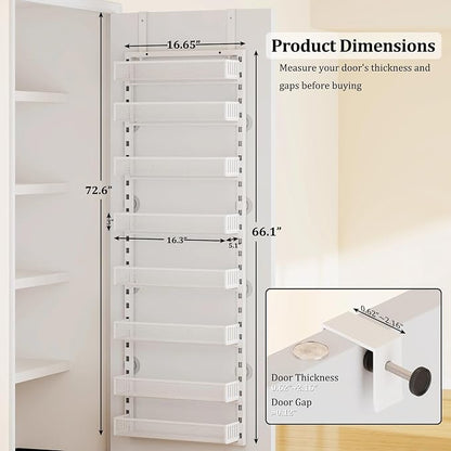 Over the Door Pantry Organizer, 8-Tier Over the Door Spice Rack with Adjustable Baskets, Wall-Mounted or Hanging Shelves for Kitchen, Laundry Room, Bathroom(White, 16.65"W x 5.2"D x 72.6"H)