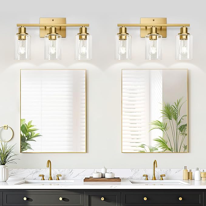 3-Light Bathroom Light Fixtures, Vanity Light with Clear Glass Shades, Brushed Gold Bathroom Light Fixtures Over Mirror, Modern Bathroom Wall Lamp for Mirror Living Room Cabinet Bedroom