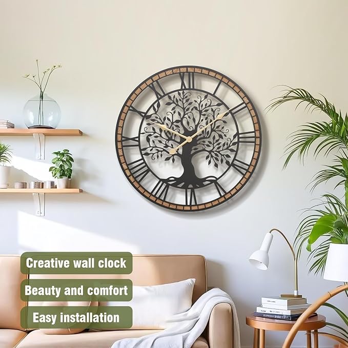 Micasso Non-Ticking Large Wall Clock: 27Inch Tree of Life Metal Black with Solid Wood Frame - Battery Operated Silent Clock for Living Room/Office/Bedroom/Kitchen - Home Decor for Porfessional