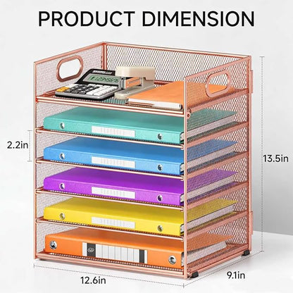 6 Tiers Letter Tray Paper Organizer with Handle, Mesh Desk File Organizer, Metal Desktop Document Shelf Organization, Paper Sorter Organizer for Office, Home or School File Folder Holder (Rose Gold)