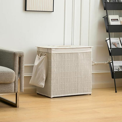 Laundry Hamper with Lid, 39.6 Gallon(150L) Large Laundry Basket 2 Removable Liner Bags, Synthetic Rattan Clothes Hamper with Side Pocket, laundry organization for bathroom, laundry room, White