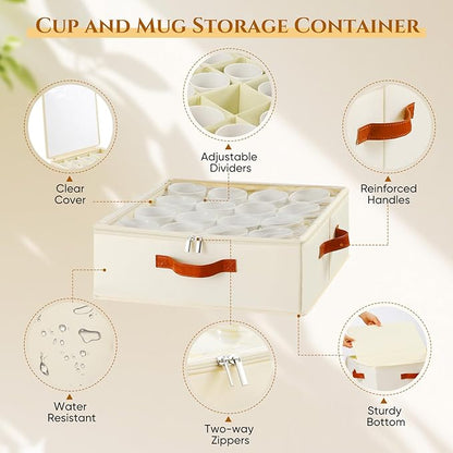 2 Pack Coffee Mug Storage Box with Dividers, Stackable China Storage Containers with Lid, Zipper, and Handles for 32 Coffee Mugs and Cups, Mug Storage Organizer for Packing & Moving, Beige