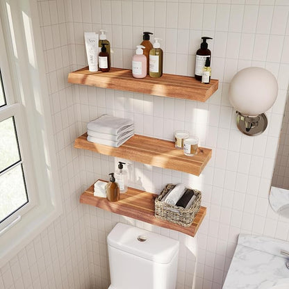 Howizz 24" Acacia Live Edge Floating Shelves Set of 2 - Wall Mounted Wooden Shelf for Stylish Home Décor - Teak Look Color 24x7.5x1.5 Inches